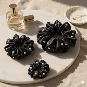 🎀✨ bownbelle luxury pearl studded silk satin scrunchies for women – elegant hair accessories set (pack of 3) 🍒💎