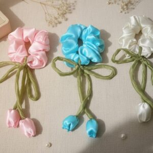 🎀✨ satin tulip hair scrunchies for women & girls | korean pastel scrunchy with ribbon tail | soft satin no hair damage – 3 pcs set 🌷💫