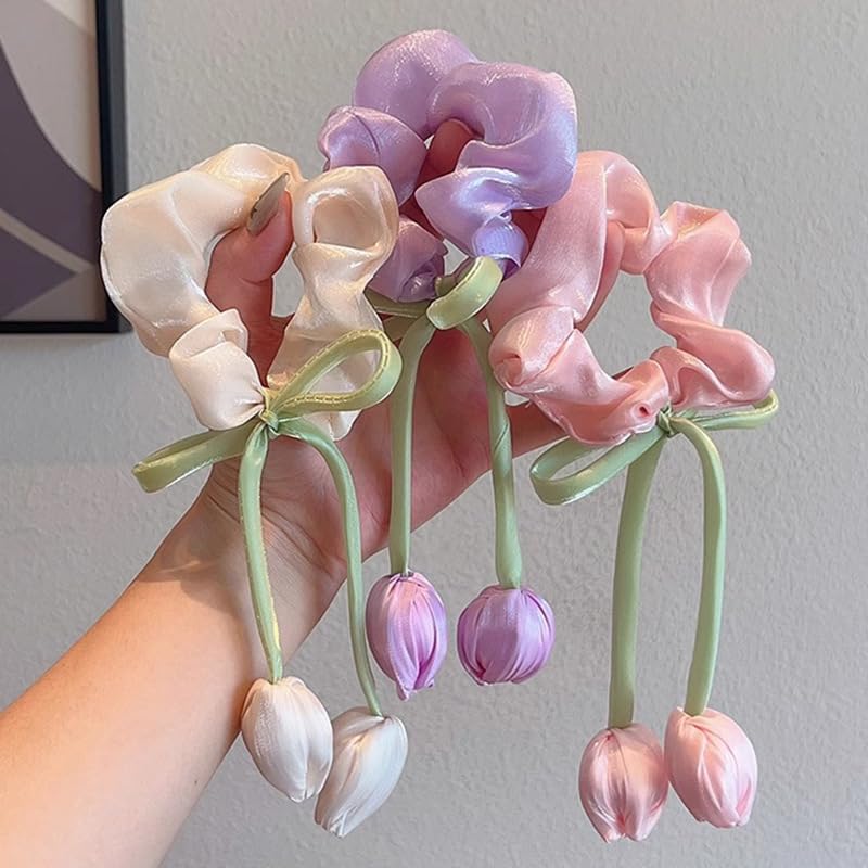 ๐ท๐ bownbelle soft satin tulip hair scrunchies for girls & women โ elegant floral hanging hair ties (pack of 3) โจ๐ ๐ท๐ bownbelle soft satin tulip hair scrunchies for girls & women โ elegant floral hanging hair ties (pack of 3) โจ๐