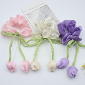 🌷💖 bownbelle soft satin tulip hair scrunchies for girls & women – elegant floral hanging hair ties (pack of 3) ✨🎀